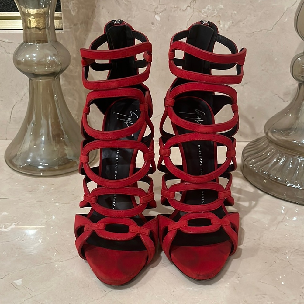 Giuseppe Zanotti authentic suede red zipper back heels! Worn twice! Size 37